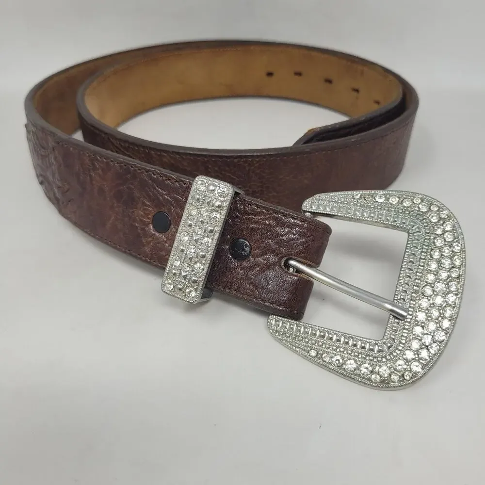 Brown Leather Belt Mens 40 Tooled Western Cowboy Rhinestone Buckle Bling Rodeo